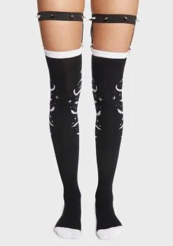 Too Fast Moon And Bats Thigh High Spiked Garter Socks